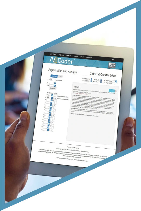 Hand holding tablet displaying iVECoder adjudication and analysis results
